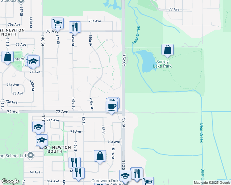 map of restaurants, bars, coffee shops, grocery stores, and more near 7372 151A Street in Surrey