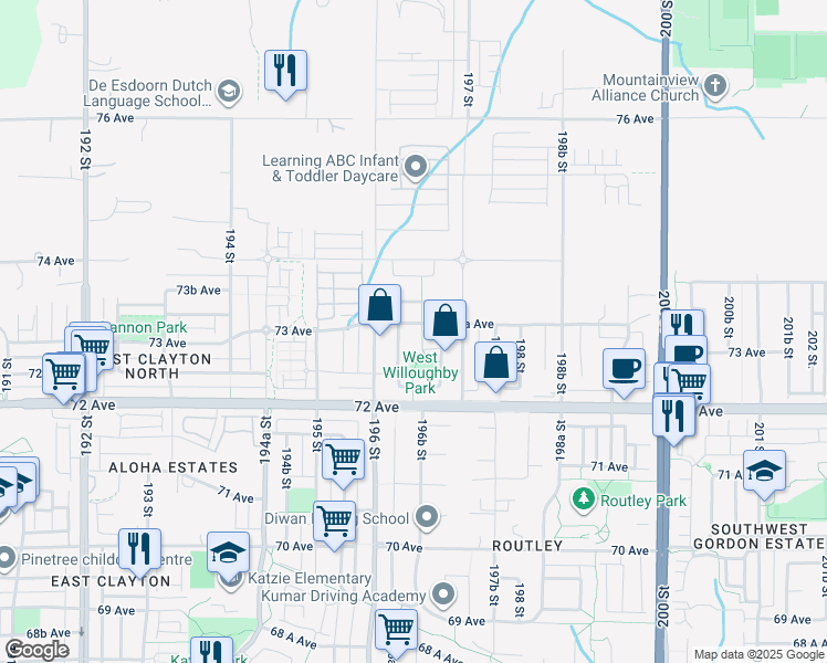 map of restaurants, bars, coffee shops, grocery stores, and more near 19650 73A Avenue in Langley