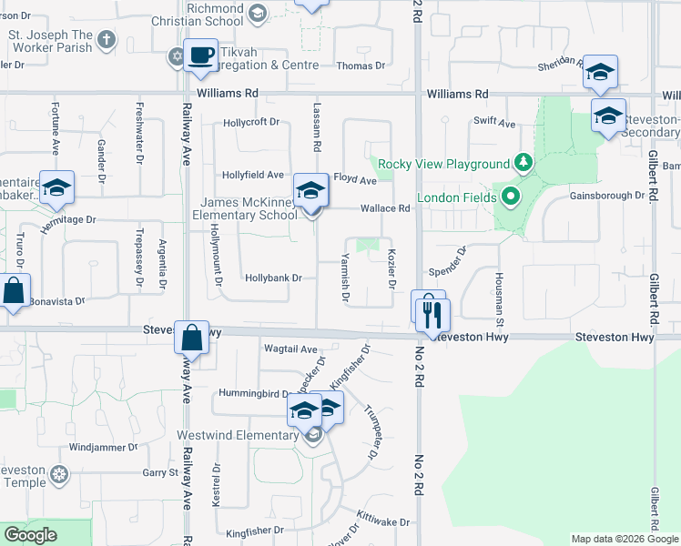 map of restaurants, bars, coffee shops, grocery stores, and more near 10513 Yarmish Drive in Richmond