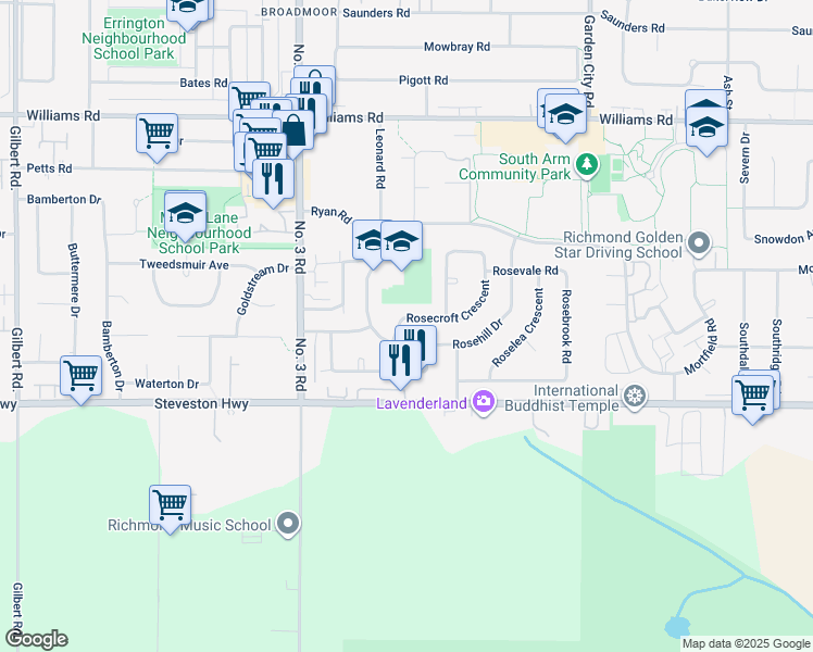 map of restaurants, bars, coffee shops, grocery stores, and more near 10960 Rosecroft Crescent in Richmond
