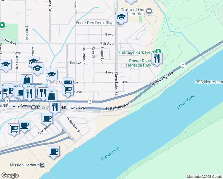 map of restaurants, bars, coffee shops, grocery stores, and more near 33599 2nd Avenue in Mission