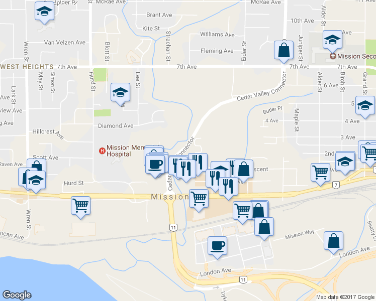 map of restaurants, bars, coffee shops, grocery stores, and more near 7305 Cedar Valley Connector in Mission