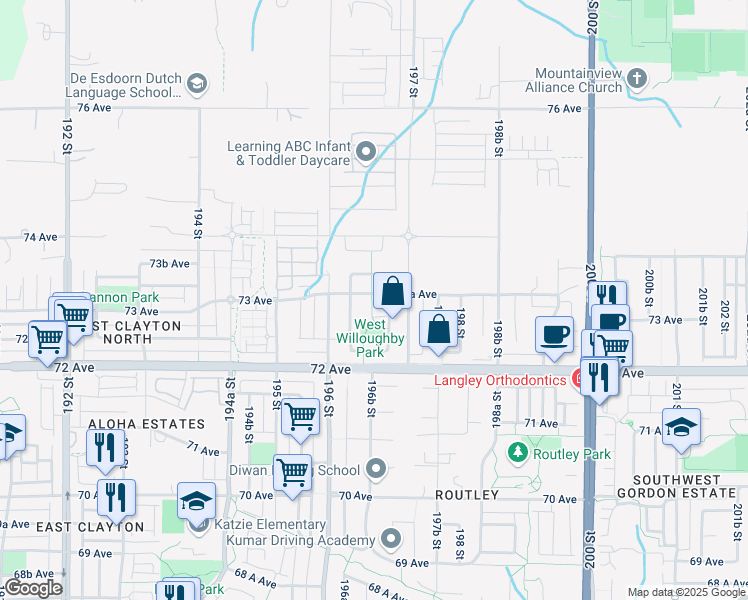 map of restaurants, bars, coffee shops, grocery stores, and more near 19662 73A Avenue in Langley