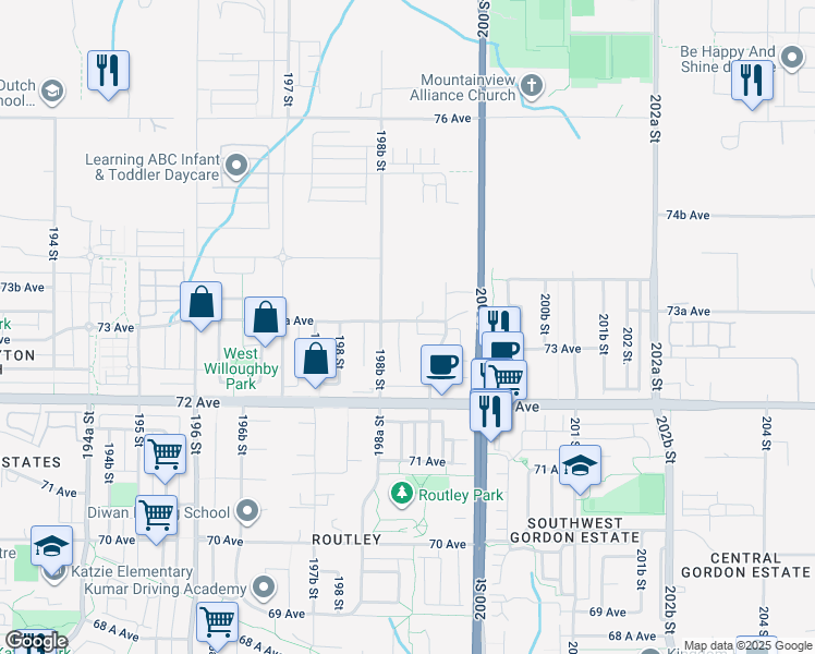 map of restaurants, bars, coffee shops, grocery stores, and more near 7922 199 Street in Langley