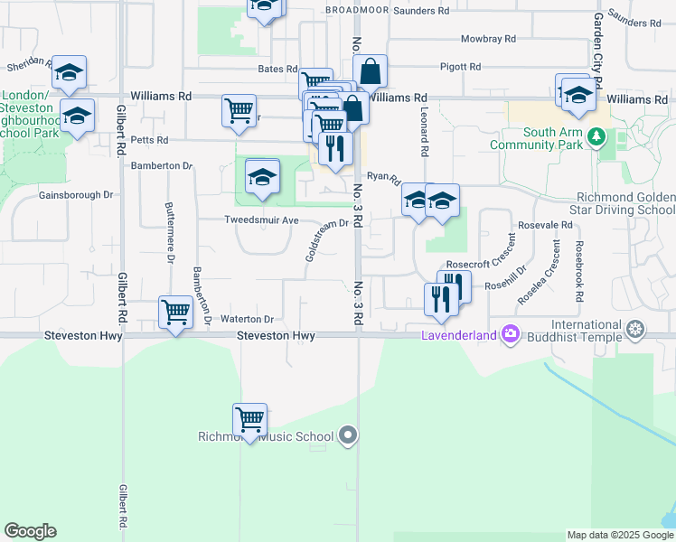 map of restaurants, bars, coffee shops, grocery stores, and more near 7831 Malahat Avenue in Richmond