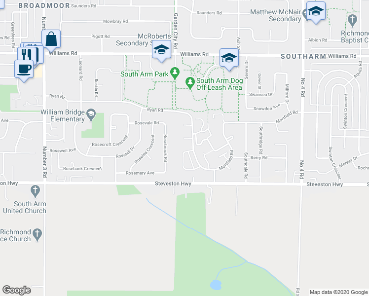 map of restaurants, bars, coffee shops, grocery stores, and more near 9251 Ryan Crescent in Richmond