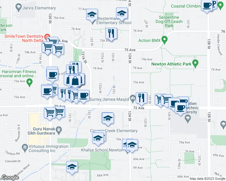 map of restaurants, bars, coffee shops, grocery stores, and more near 7289 123 Street in Surrey