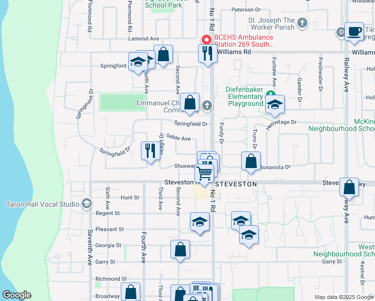 map of restaurants, bars, coffee shops, grocery stores, and more near 10660 Sceptre Crescent in Richmond