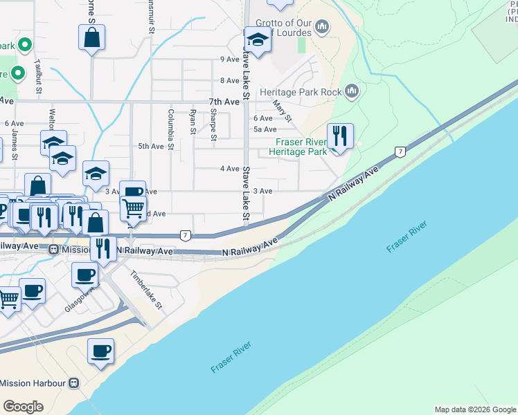 map of restaurants, bars, coffee shops, grocery stores, and more near 33669 2nd Avenue in Mission