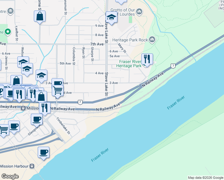 map of restaurants, bars, coffee shops, grocery stores, and more near 33669 2nd Avenue in Mission