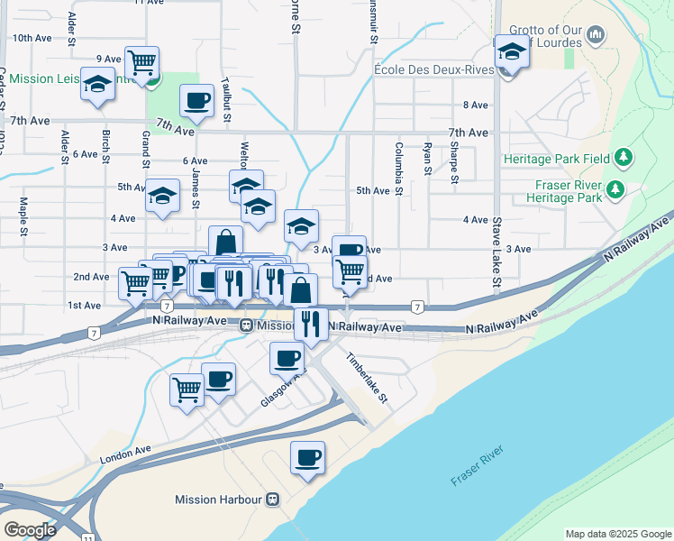 map of restaurants, bars, coffee shops, grocery stores, and more near 33371 2nd Avenue in Mission