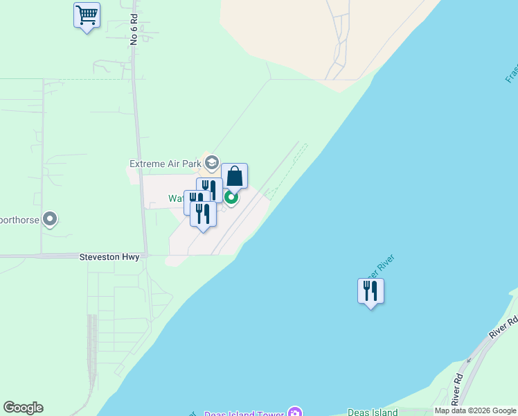 map of restaurants, bars, coffee shops, grocery stores, and more near 14300 Riverport Way in Richmond