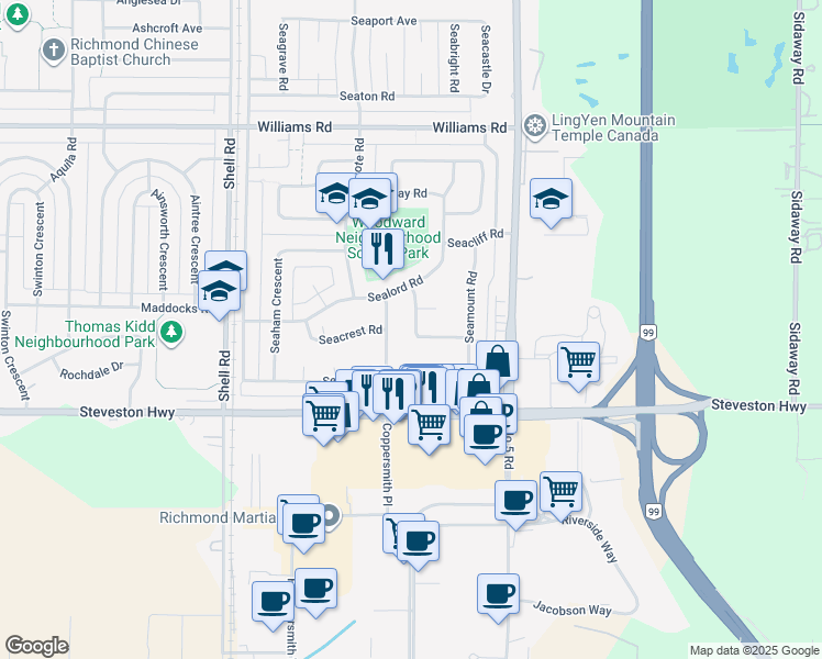 map of restaurants, bars, coffee shops, grocery stores, and more near 10551 Seahaven Drive in Richmond