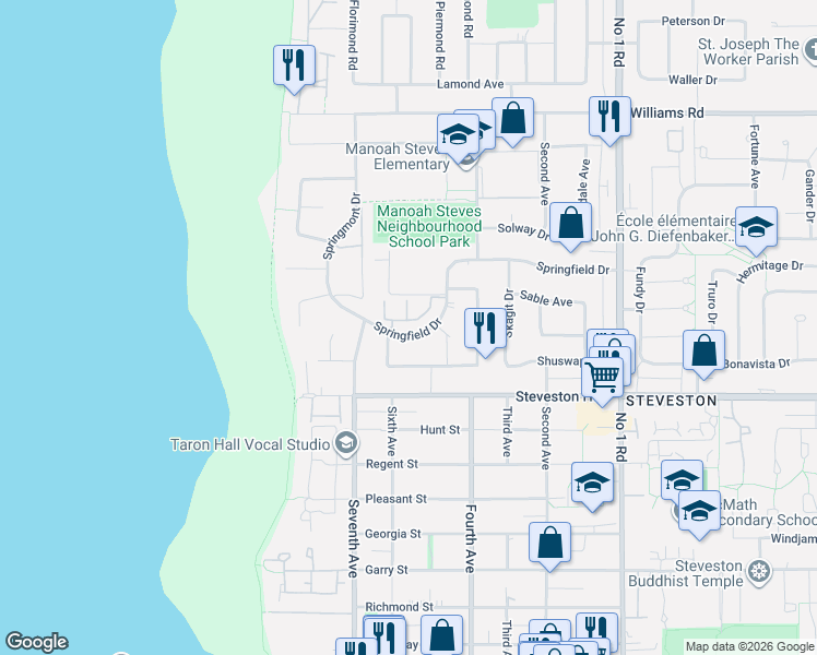 map of restaurants, bars, coffee shops, grocery stores, and more near 3151 Springfield Drive in Richmond