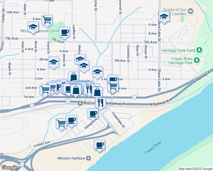 map of restaurants, bars, coffee shops, grocery stores, and more near 33359 2nd Avenue in Mission
