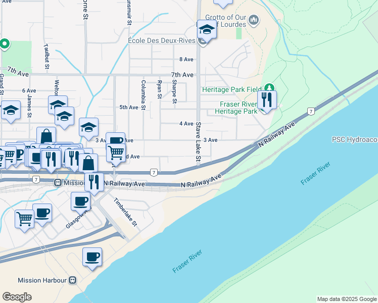 map of restaurants, bars, coffee shops, grocery stores, and more near 33599 2nd Avenue in Mission