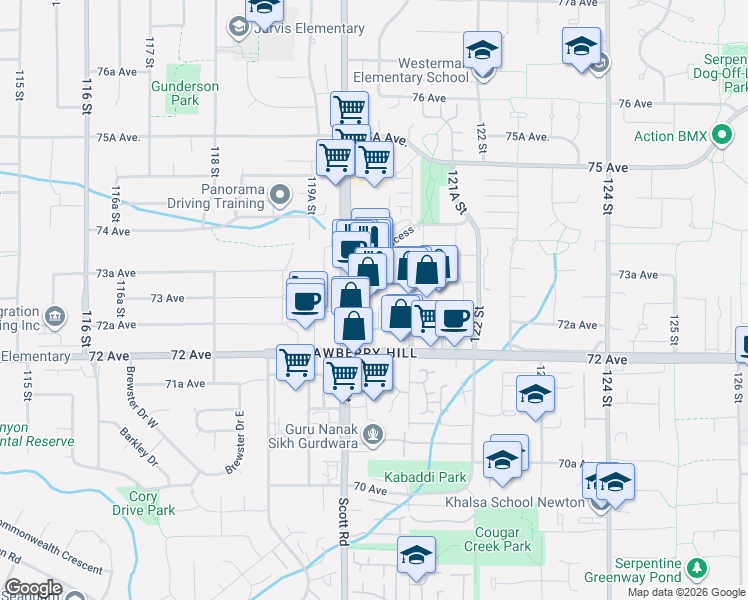 map of restaurants, bars, coffee shops, grocery stores, and more near 12101 72 Avenue in Surrey