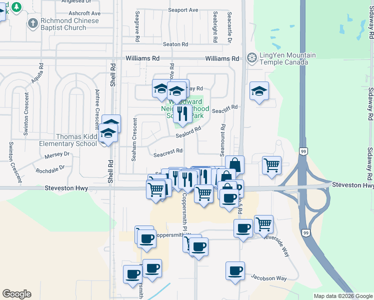 map of restaurants, bars, coffee shops, grocery stores, and more near 10551 Seahaven Drive in Richmond
