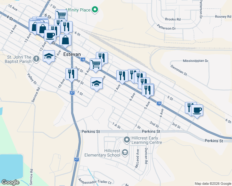map of restaurants, bars, coffee shops, grocery stores, and more near 638 3rd Street in Estevan
