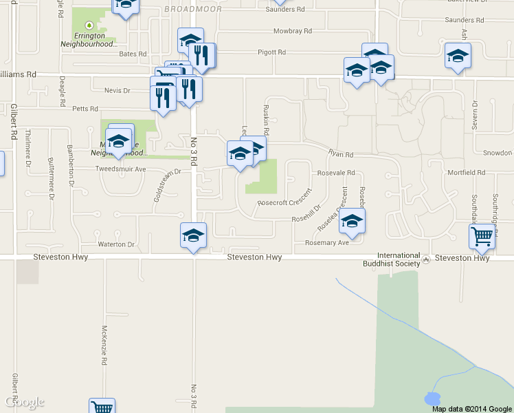 map of restaurants, bars, coffee shops, grocery stores, and more near 10960 Rosecroft Crescent in Richmond