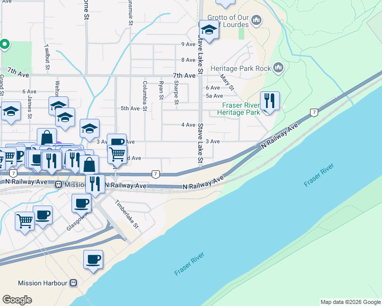 map of restaurants, bars, coffee shops, grocery stores, and more near 33599 2nd Avenue in Mission