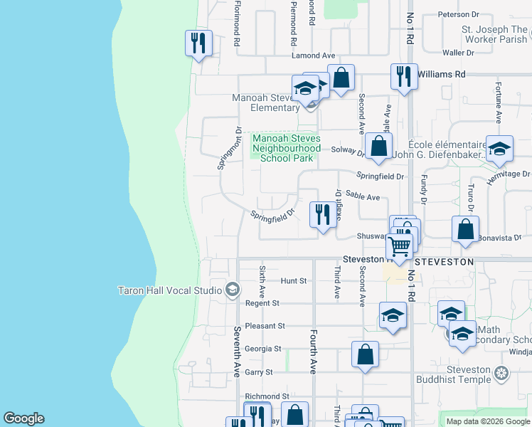 map of restaurants, bars, coffee shops, grocery stores, and more near 3151 Springfield Drive in Richmond