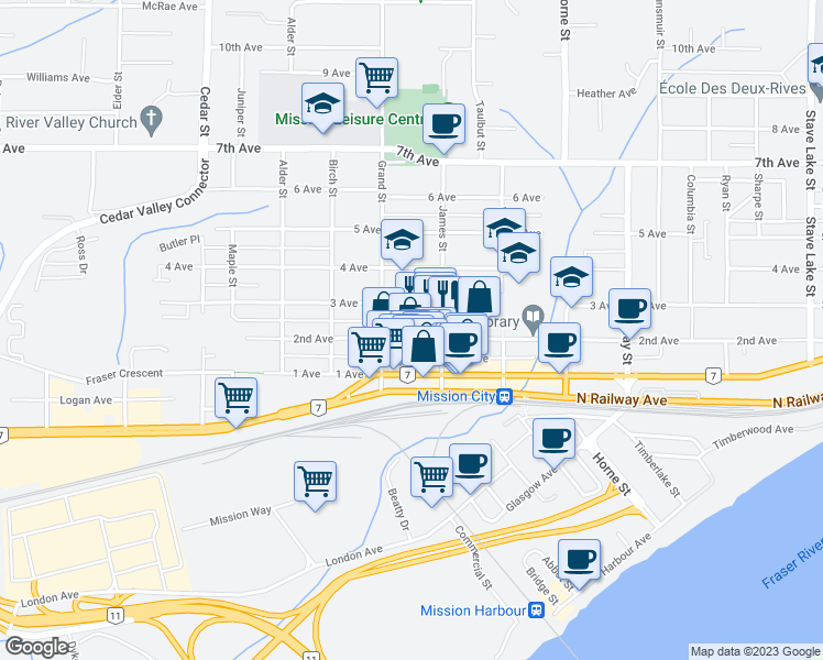 map of restaurants, bars, coffee shops, grocery stores, and more near 33053 2nd Avenue in Mission