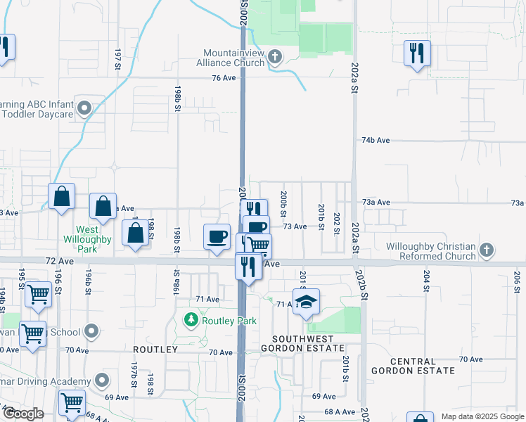 map of restaurants, bars, coffee shops, grocery stores, and more near 7339 200A Street in Langley City