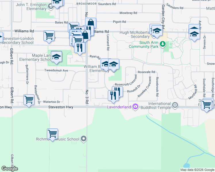 map of restaurants, bars, coffee shops, grocery stores, and more near 8271 Rosehill Drive in Richmond