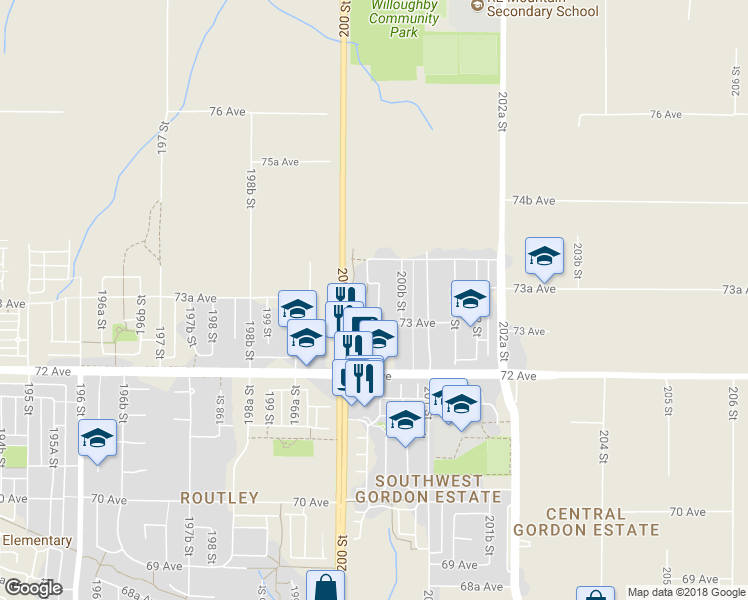 map of restaurants, bars, coffee shops, grocery stores, and more near 7339 200A Street in Langley