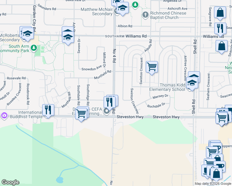 map of restaurants, bars, coffee shops, grocery stores, and more near 10460 Number 4 Road in Richmond