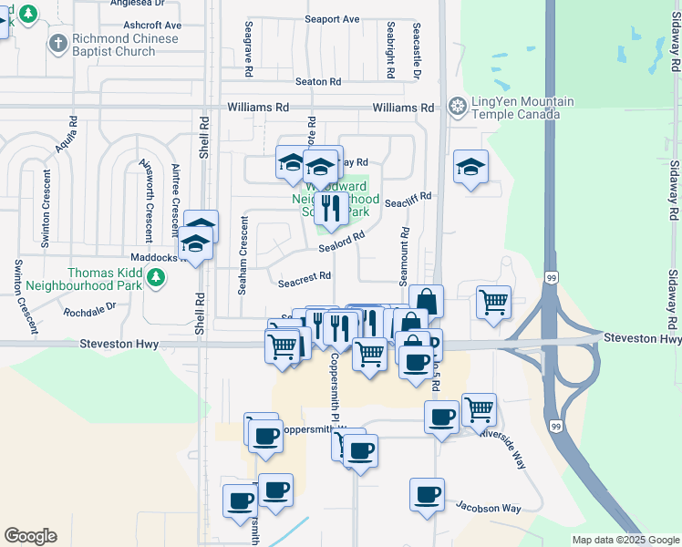 map of restaurants, bars, coffee shops, grocery stores, and more near 10540 Seaway Road in Richmond