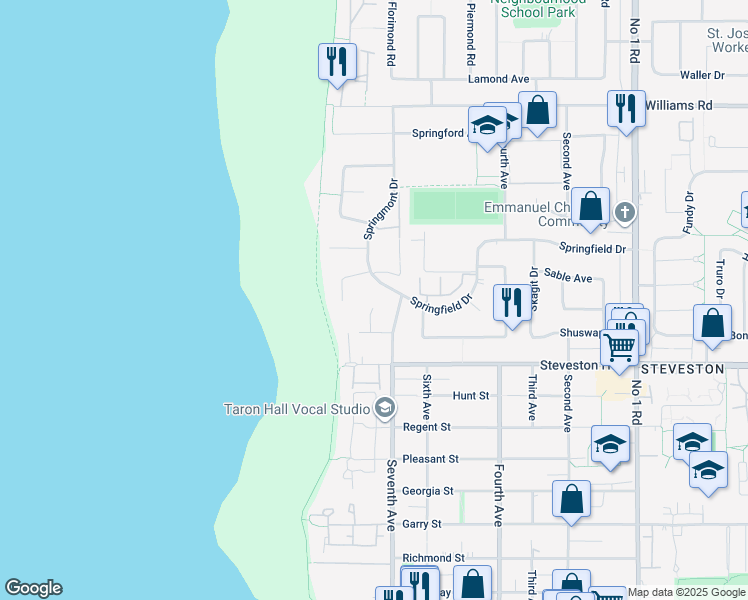 map of restaurants, bars, coffee shops, grocery stores, and more near 10860 Springwood Court in Richmond