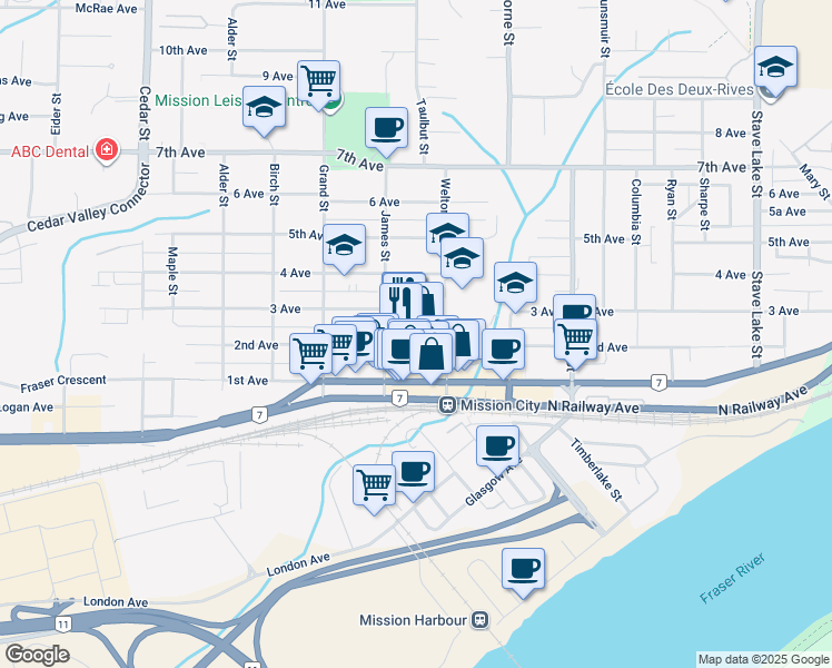 map of restaurants, bars, coffee shops, grocery stores, and more near 33165 2nd Avenue in Mission