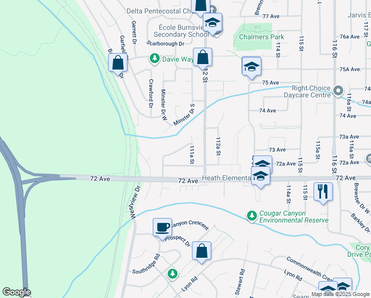 map of restaurants, bars, coffee shops, grocery stores, and more near 7328 York Crescent in Delta