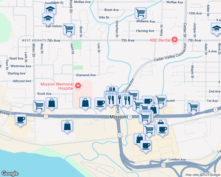 map of restaurants, bars, coffee shops, grocery stores, and more near 7305 Cedar Valley Connector in Mission