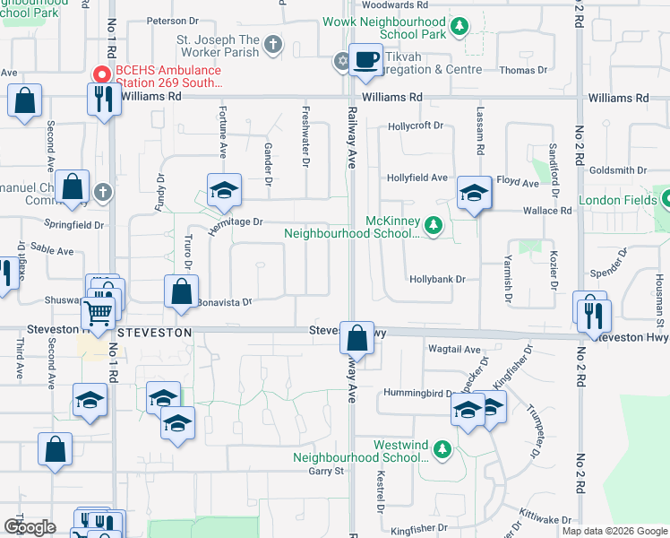map of restaurants, bars, coffee shops, grocery stores, and more near 10720 Argentia Drive in Richmond