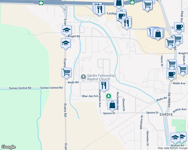 map of restaurants, bars, coffee shops, grocery stores, and more near 7360 Sunshine Drive in Chilliwack