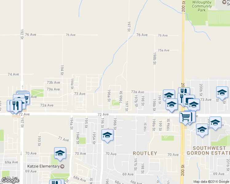 map of restaurants, bars, coffee shops, grocery stores, and more near 19668 73A Avenue in Langley