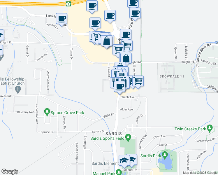 map of restaurants, bars, coffee shops, grocery stores, and more near 45648 Storey Avenue in Chilliwack