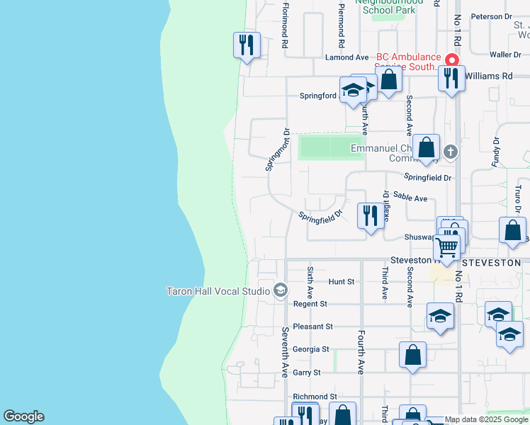 map of restaurants, bars, coffee shops, grocery stores, and more near 10871 Springwood Court in Richmond