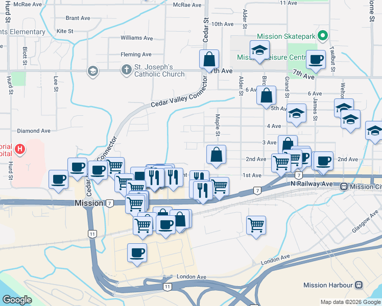 map of restaurants, bars, coffee shops, grocery stores, and more near 32705 Fraser Crescent in Mission