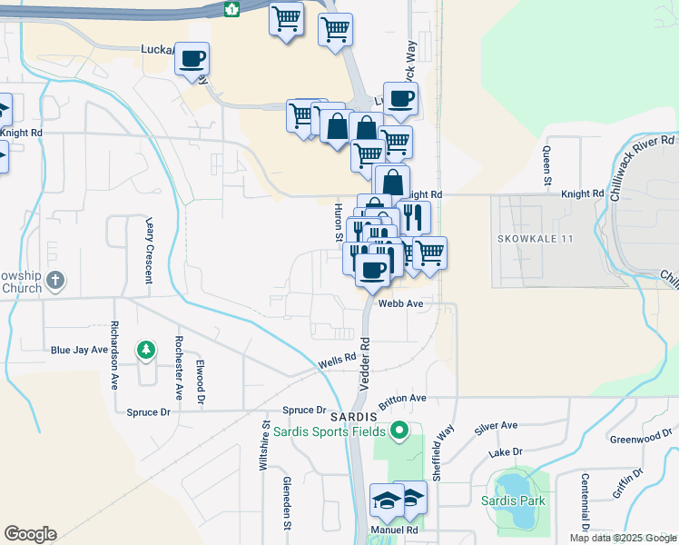 map of restaurants, bars, coffee shops, grocery stores, and more near 45640 Storey Avenue in Chilliwack