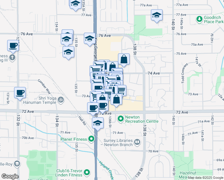 map of restaurants, bars, coffee shops, grocery stores, and more near 7288 King George Boulevard in Surrey