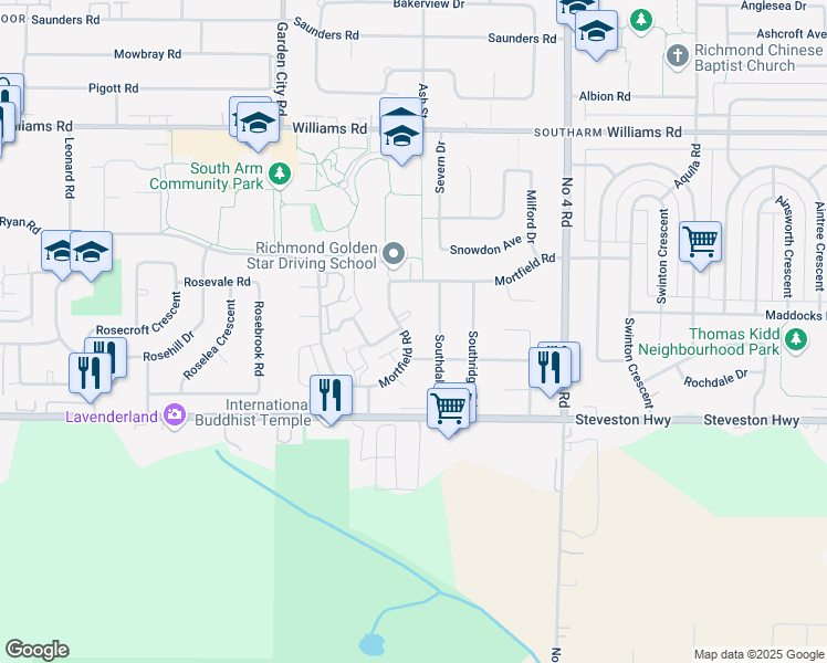 map of restaurants, bars, coffee shops, grocery stores, and more near 10720 Mortfield Road in Richmond