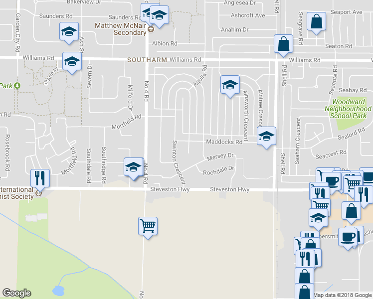 map of restaurants, bars, coffee shops, grocery stores, and more near 10920 Swinton Crescent in Richmond