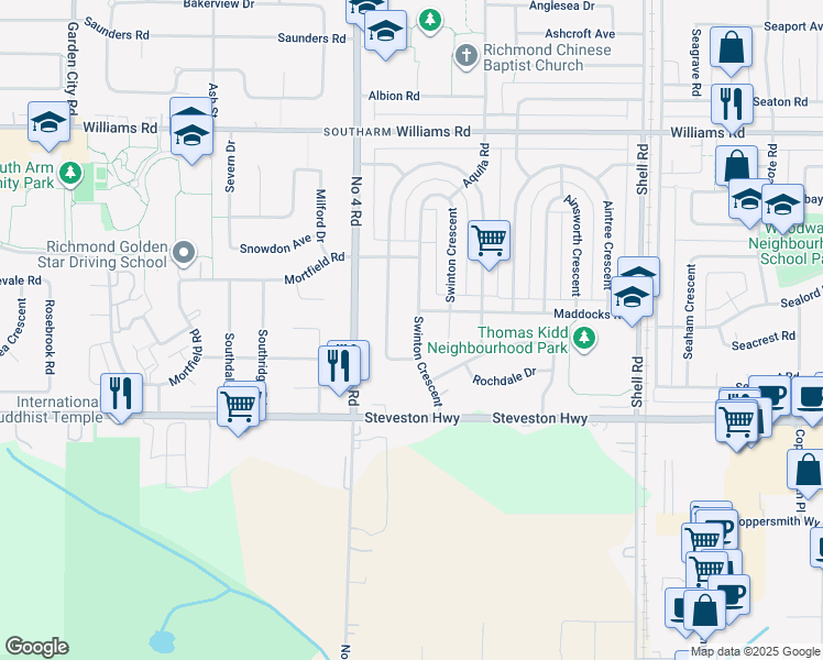 map of restaurants, bars, coffee shops, grocery stores, and more near 10211 Swinton Crescent in Richmond