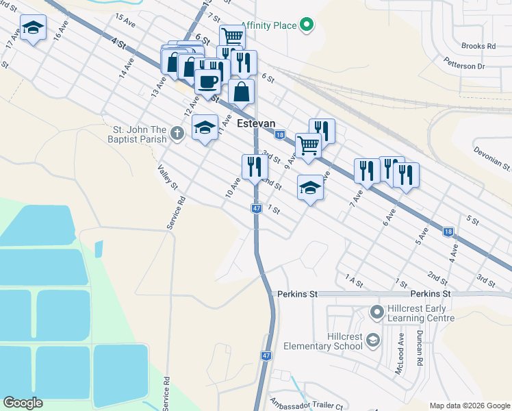 map of restaurants, bars, coffee shops, grocery stores, and more near 103 Souris Avenue in Estevan