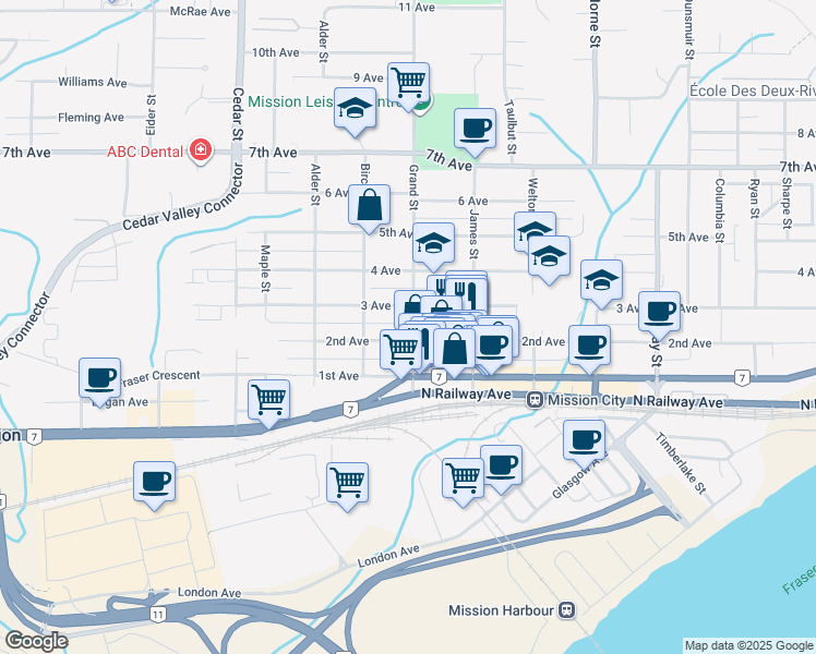 map of restaurants, bars, coffee shops, grocery stores, and more near 7381 Grand Street in Mission