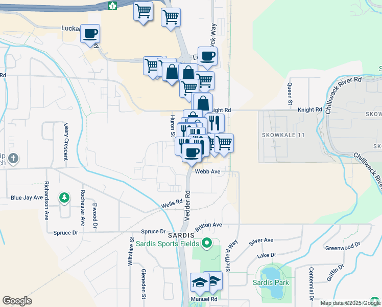 map of restaurants, bars, coffee shops, grocery stores, and more near 7355 Vedder Road in Chilliwack